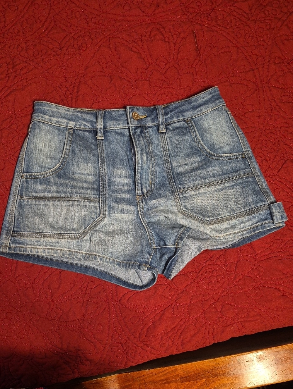 Sincerely Jules Light Blue Denim Patch-Pocket Shorts. High Waisted.